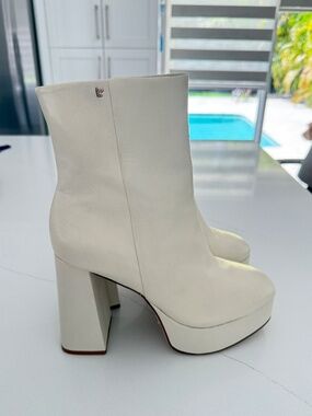 Larroude Dolly Off White Leather Mid Calf Platform Block Heel Bootie